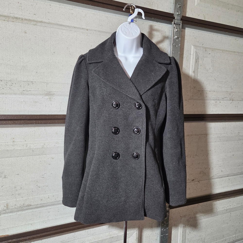 Steve Madden Gray Double Breasted Pea Coat Y2K Puff‎ Shoulder Wool Blend Medium